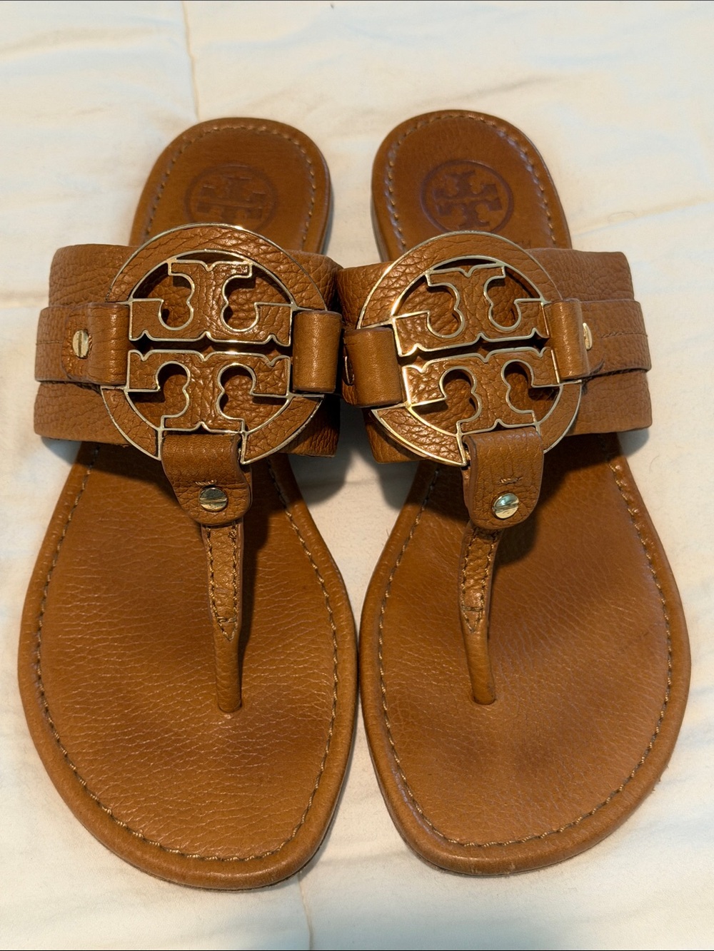 Tory Burch Tan Leather Logo Thong Sandals Gold Double T Size 8.5